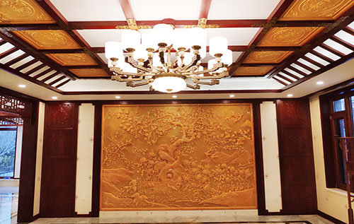 印江中式别墅客厅中式木作横梁吊顶装饰展示